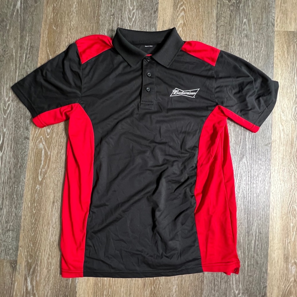 Affinity‎ Polo Shirt Mens Medium Black Red Budweiser Embroidered Beer Promo